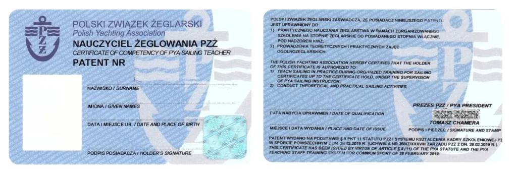 wzór patentu Nauczyciela Żeglowania PZŻ uprawnienia instruktoskie