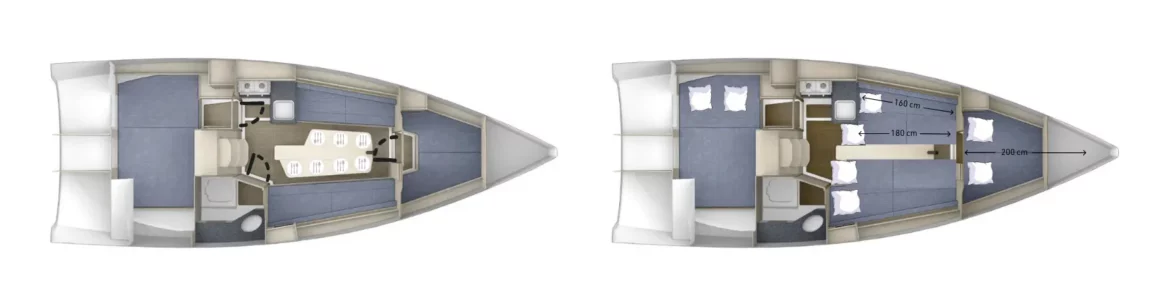 plan wnętrza jachtu Maxus 26 z podziałem koi do spania